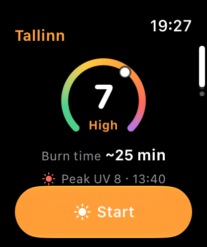 Shade on Apple Watch showing the UV index gauge, burn time, and a Start button